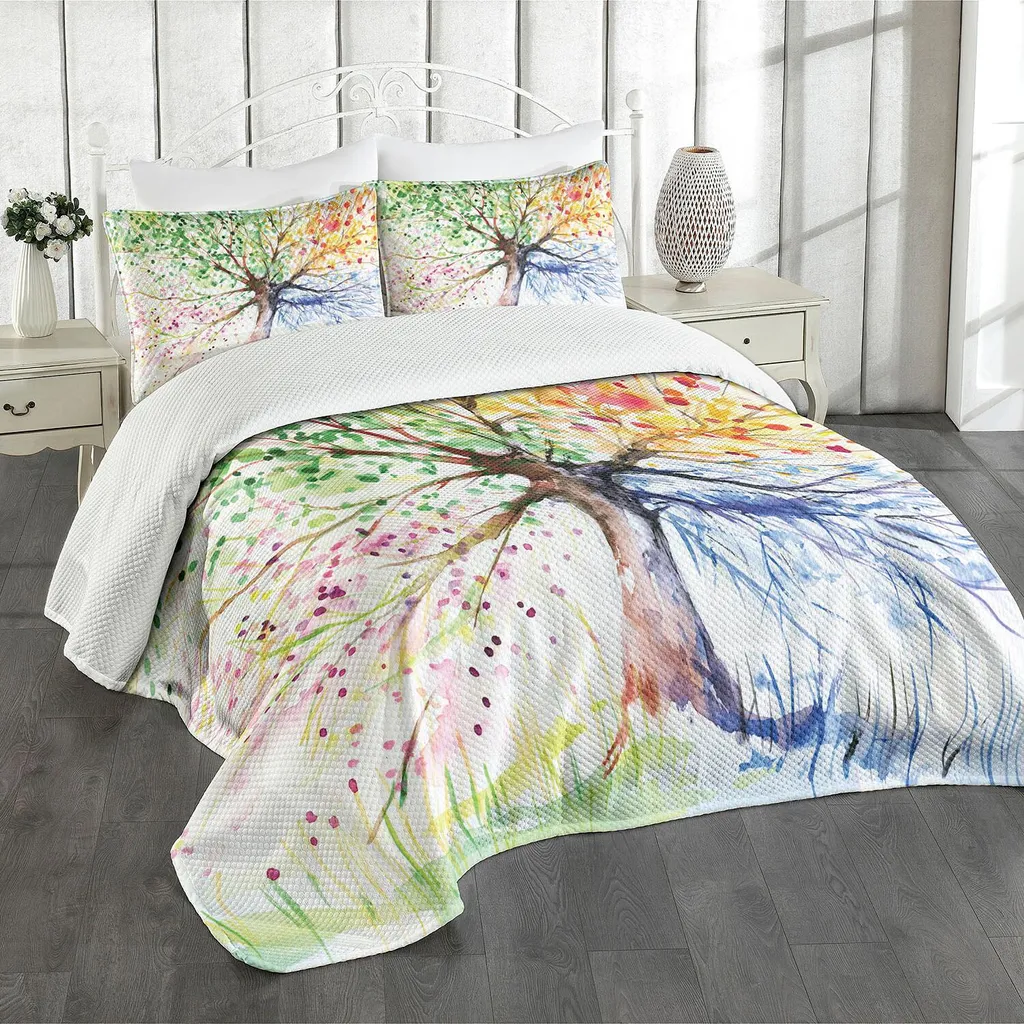 Set copriletto ABAKUHAUS, albero delle quattro stagioni con motivo artistico di foglie colorate in fiore, 220 x 220 cm, multicolore
