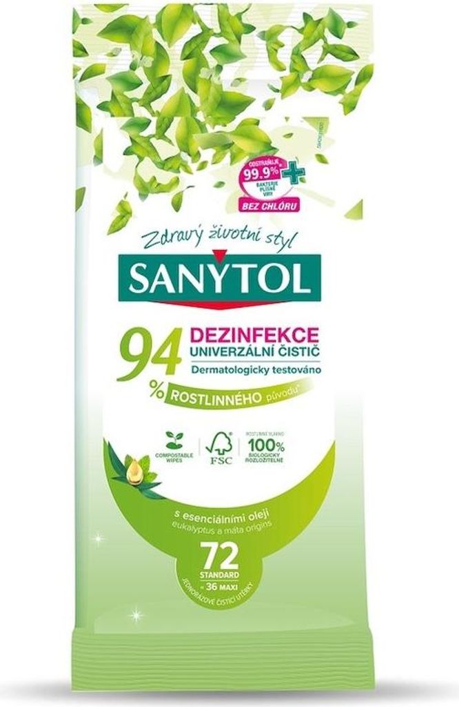 Desinfizierende Reinigungstücher für Oberflächen Sanytol 94% pflanzlichen Ursprungs, 72 Stück