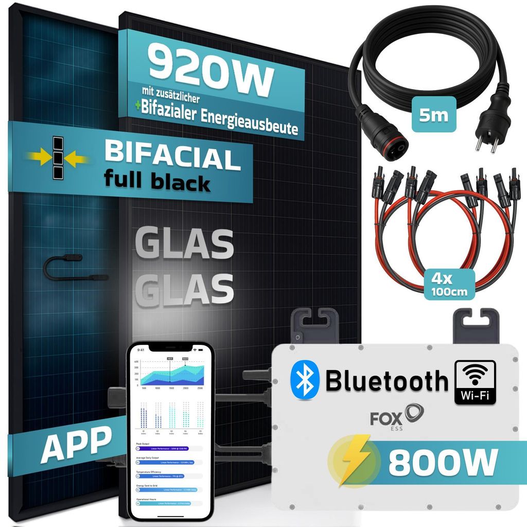 SUNNIVA 920W Balkonkraftwerk BIFAZIAL FULLBLACK komplett Steckdose FOX ESS 800W Wechselrichter, PV Solaranlage, 5m Kabel, Bluetooth WIFI