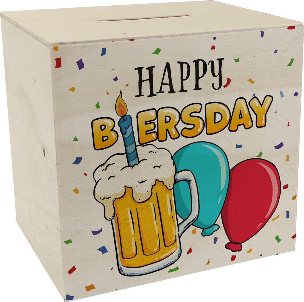 Happy Biersday Spardose aus Holz mit Bier und Ballons