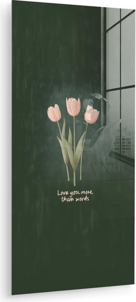 MuchoWow Glasbilder - Bilder auf Wandbild - Foto auf Glas Tulpen - Rosa - Text - Liebe 40x80 cm Wanddekoration aus Glas - Acrylglasbild - Acrylbild...