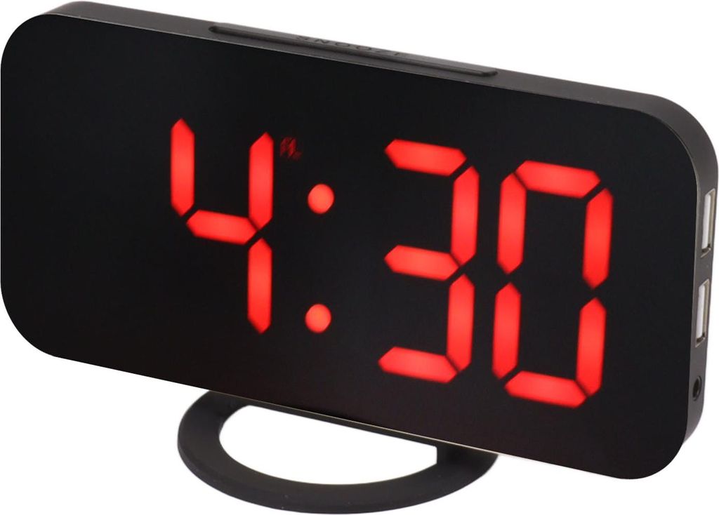 Digital Mirror Clock Dimmable Dual USB Charger Port LED Electronic Alarm Clock with Snooze Function for Bedroom Office Black Body Red Font