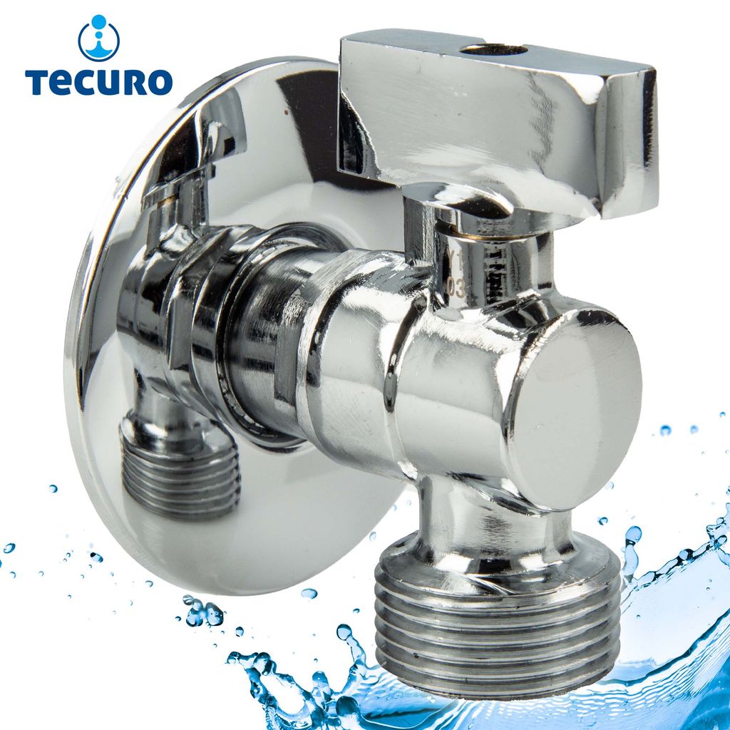 tecuro Mini-Kugelhahn in Winkelform 1/2 Zoll x 3/4 Zoll - verchromt - inkl. Wandrosette
