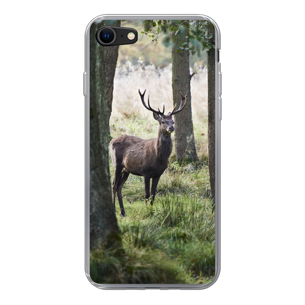 MuchoWow Handyhülle Schutzhülle Hülle für iPhone SE 2022 Hirsche - Bäume - Gras Silikon Softcase Handy Hülle - Schutzhülle