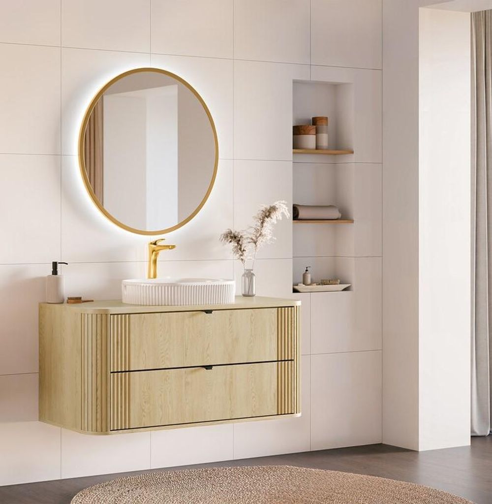 MONTIERT Design Badmöbel Set mit Aufsatzwaschbecken OVALIA CREMONA 120 cm MDF SOFT-CLOSE LED Waschtisch Spiegel LED