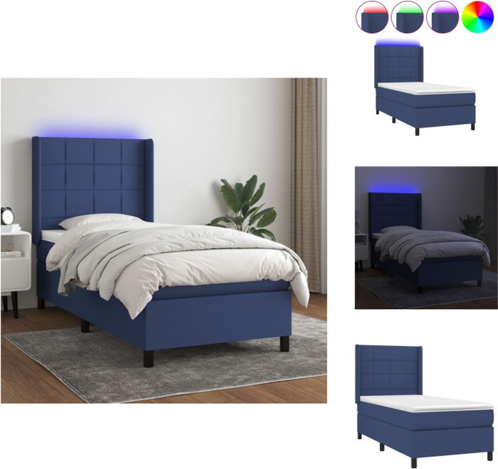 vidaXL Boxspringbett mit Matratze & LED Blau 90x200 cm Stoff - Betten & Bettgestelle