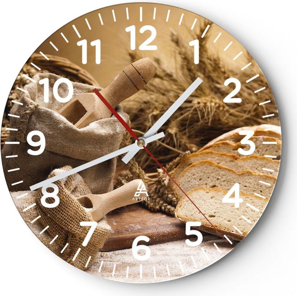 Wanduhr - Rund - Glasuhr - Brot Essen Holz - 40x40cm - Schleichendes Uhrwerk - Lautlos - zum Aufhängen bereit - Dekoration Modern - Wanddekoration...
