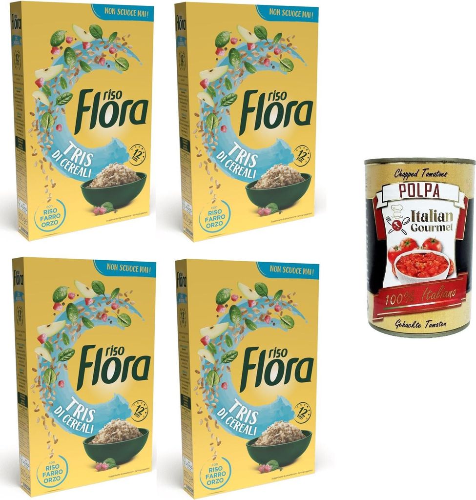 Flora Riso Tre Cereali Riso,Orzo,Farro Drei Getreidereis, Gerste, Dinkel 4x800gr + Italian Gourmet polpa 400g