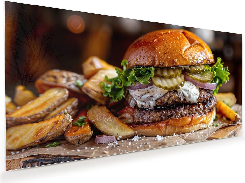 Glasbild 120x60cm in XXL für Wohnzimmer, Schlafzimmer Motiv Burger mit Pommes