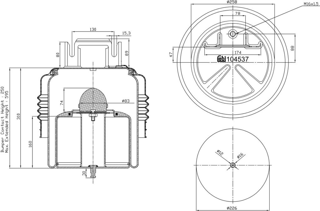 FEBI BILSTEIN Luftfederbalg Federbalg 104537 Vorne für VOLVO FH 250 595mm 258 226mm