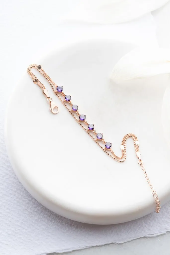 Bracelet femme argent 925 doré rose double chaîne et zircons violets