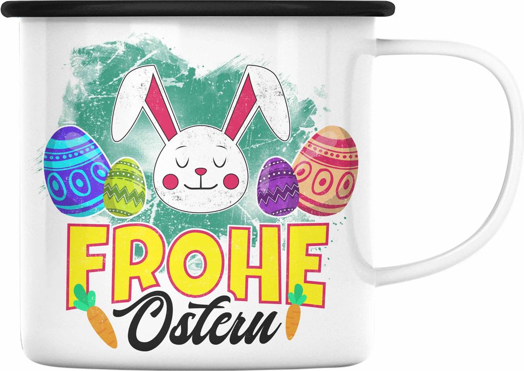 Trendation - Emaille Tasse Ostern Ostergeschenke Kinder Jugendliche Geschenke Lustige Grafik Osterhase Osterei Frohe Ostern (Schwarz)