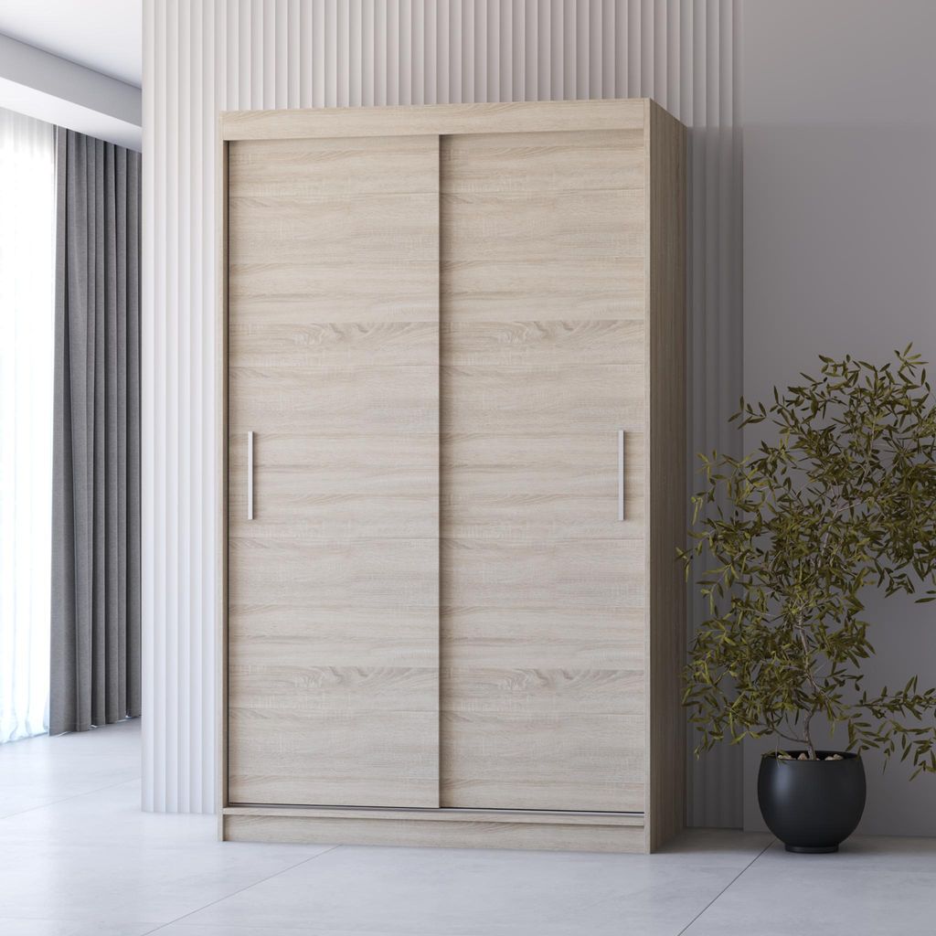 Schwebetürenschrank Kleiderschrank Neomi 04, Sonoma/Sonoma, 2-türig, 120 cm.