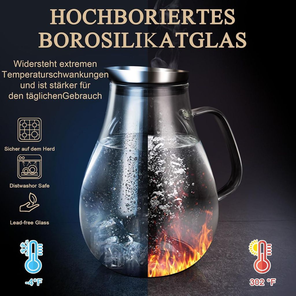 Glaskaraffe 2L mit Deckel Borosilikatglas Wasserkaraffe