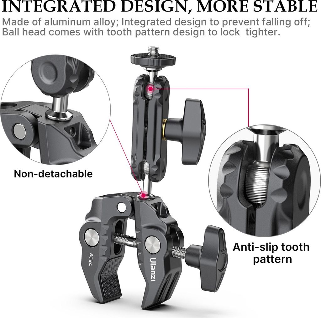 Ulanzi R094 Multifunktionale Super-Clamp-Kugelhalterung, doppelter um 360° drehbarer Kugelkopf aus Aluminiumlegierung mit 1/4-Zoll-Schraube, 3/8-G...