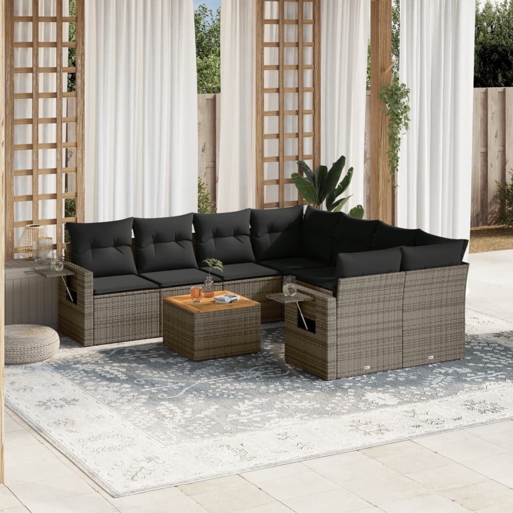 9-tlg. Garten-Sofagarnitur mit Kissen Grau Poly Rattan 3224492