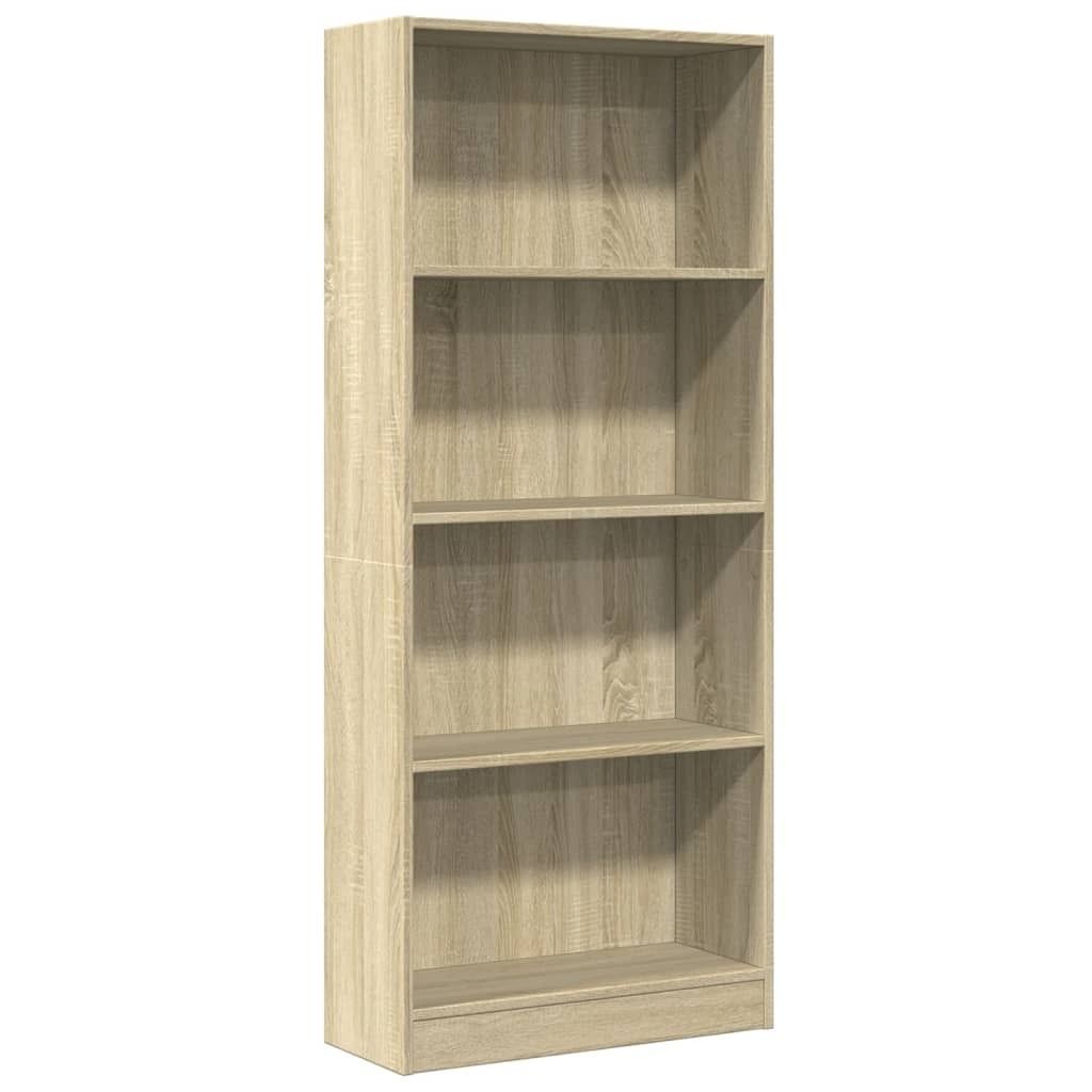 A tall, narrow, four-shelf bookcase made of wood-look material.