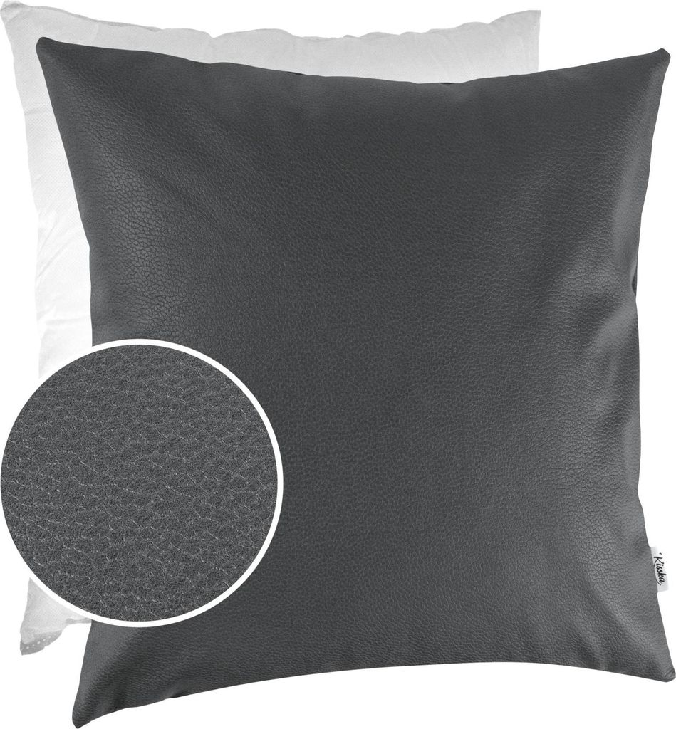 Dekokissen mit Füllung KUMO 50x50cm atmungsaktive Kunstleder Kissenbezug mit Reißverschluss Einfarbig Leder-Optik UNI Grau