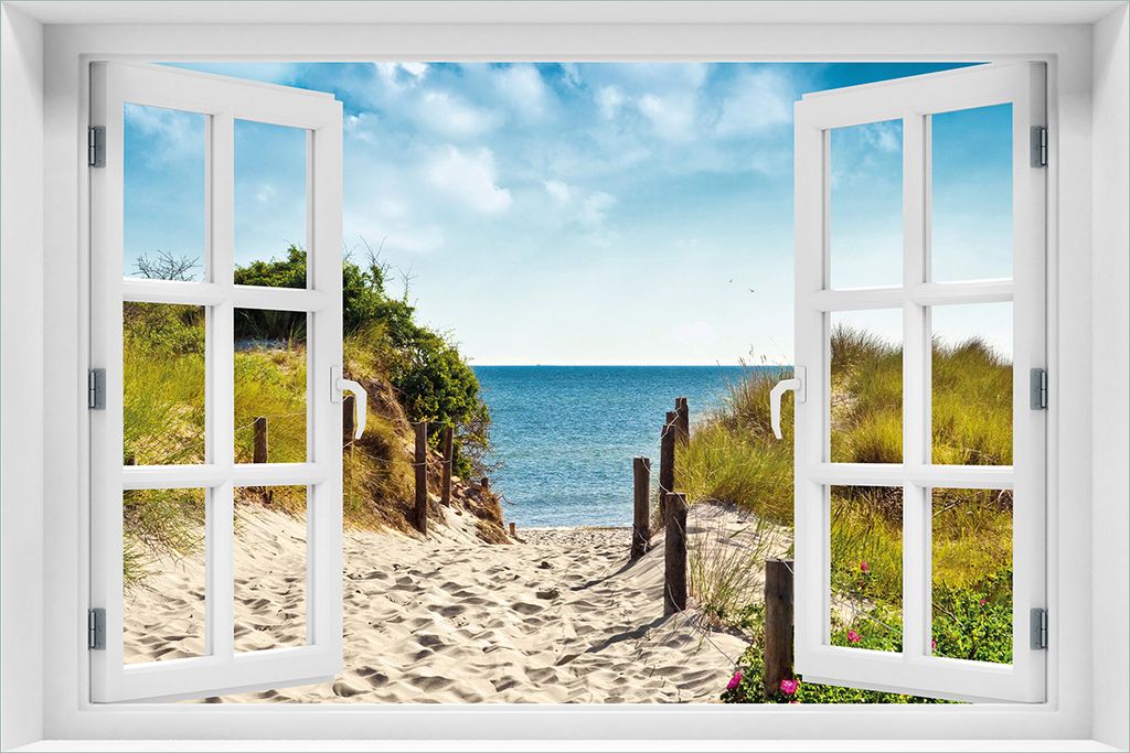 Wallario Wandbild aus Acryl, 60 x 90 cm, freischwebende Optik - Auf dem Sandweg zum Strand mit Fenster-Illusion