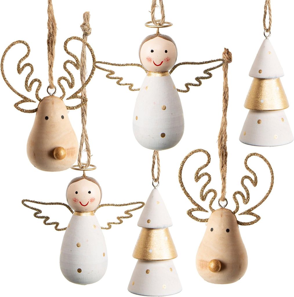 6 Holz Weihnachtsbaumanhänger Engel Baum Rentier 8 cm Gold