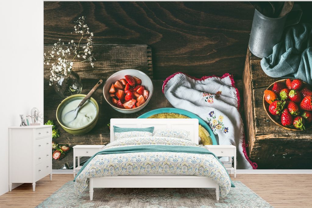 MuchoWow Fototapete für Wohnzimmer oder Schlafzimmer Wandtapete Vinyl Motivtapete Erdbeere - Rustikal - Obst - Rustikale Blumen - 350x260 cm - W...
