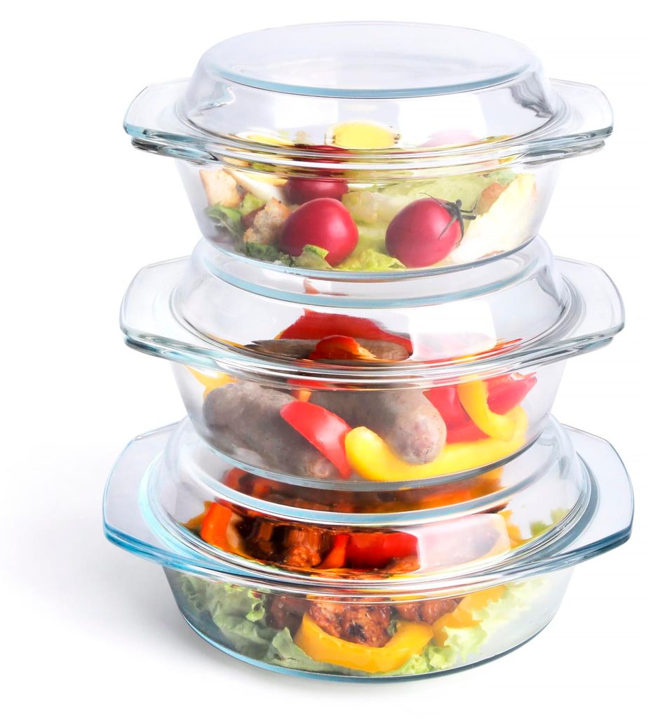 Set aus 6 runden Auflaufformen aus gehärtetem Glas, 1 l + 1,5 l + 1,8 l, mit Deckeln, geeignet für Backofen, Gefrierschrank und Spülmaschine.
