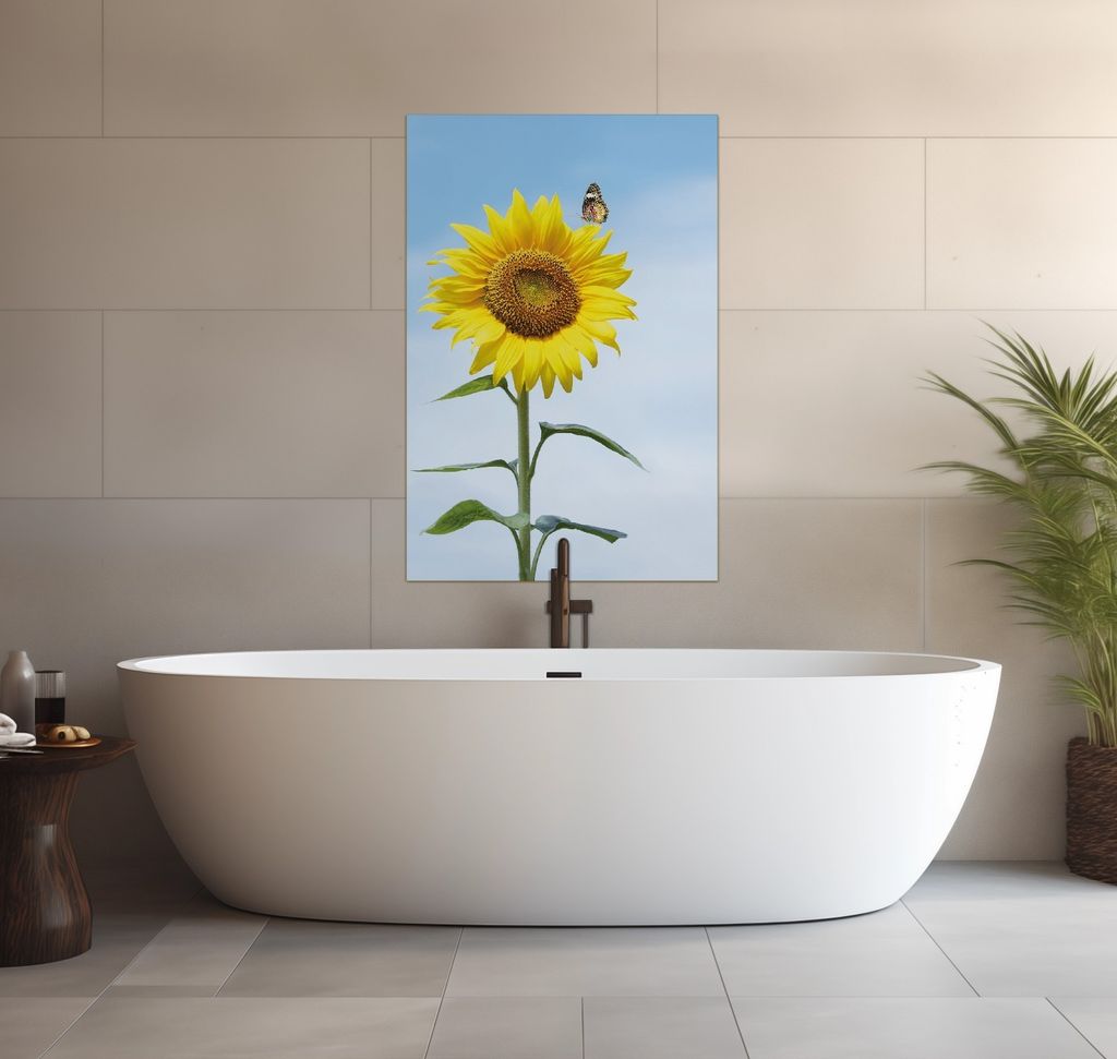 Wallario wasserfestes Poster selbstklebend 91,50 x 61 cm, Sonnenblume mit Schmetterling, Badezimmerposter Spritzschutz mit Hochglanzoberfläche in ...