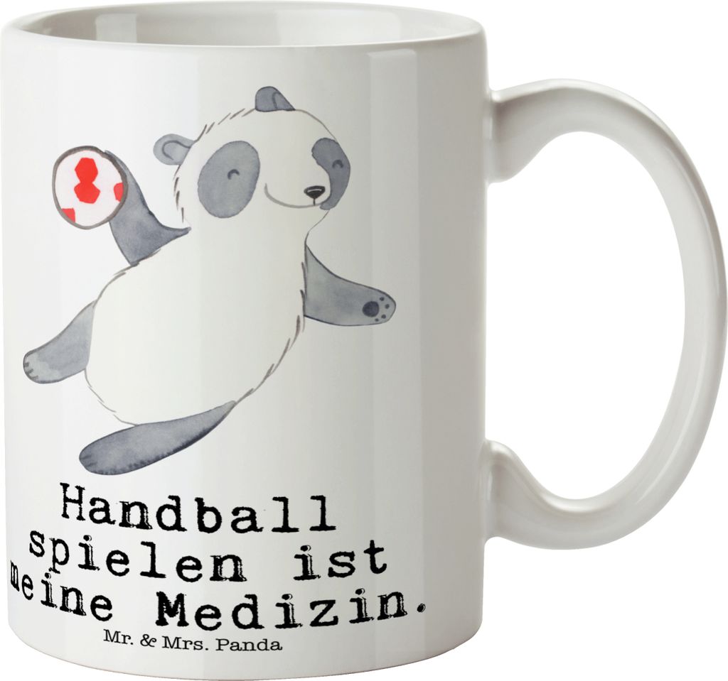 Mr. & Mrs. Panda Kaffeebecher Panda Handball spielen - Weiß - Geschenk, Keramiktasse, Becher, Club, Kaffeetasse, Teetasse, Tasse, Turnier, Verein