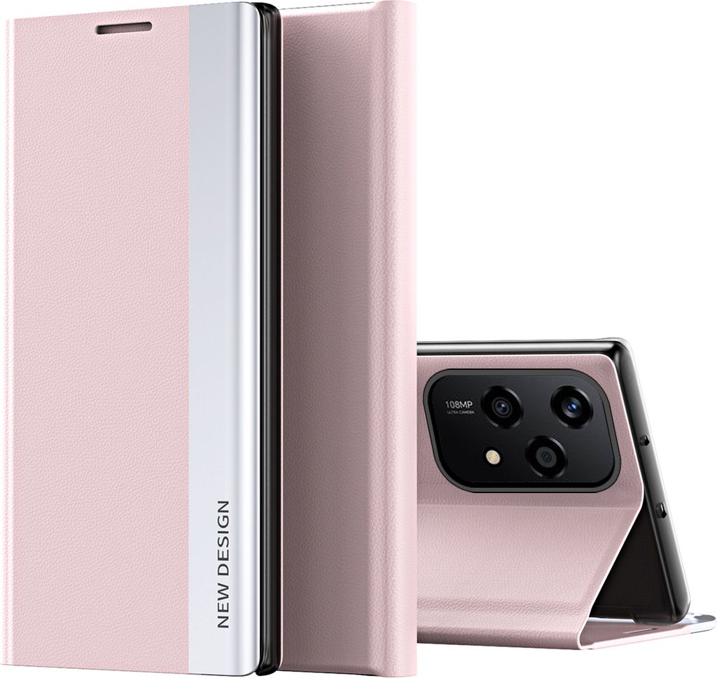 A pink flip case for a smartphone is shown standing upright, with the phone partially visible behind it.