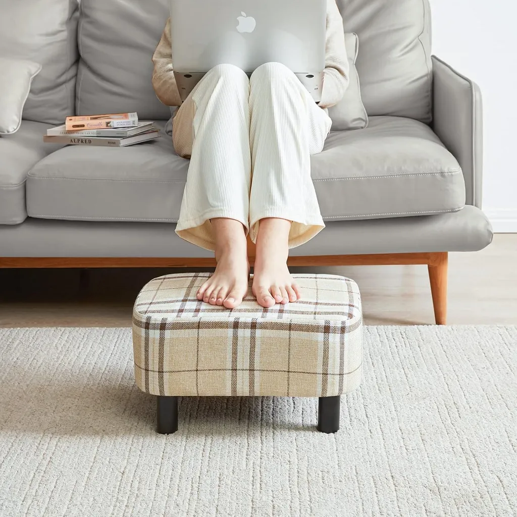 Tabouret gain de place en lin - Pouf rectangulaire moderne rayé 42 cm