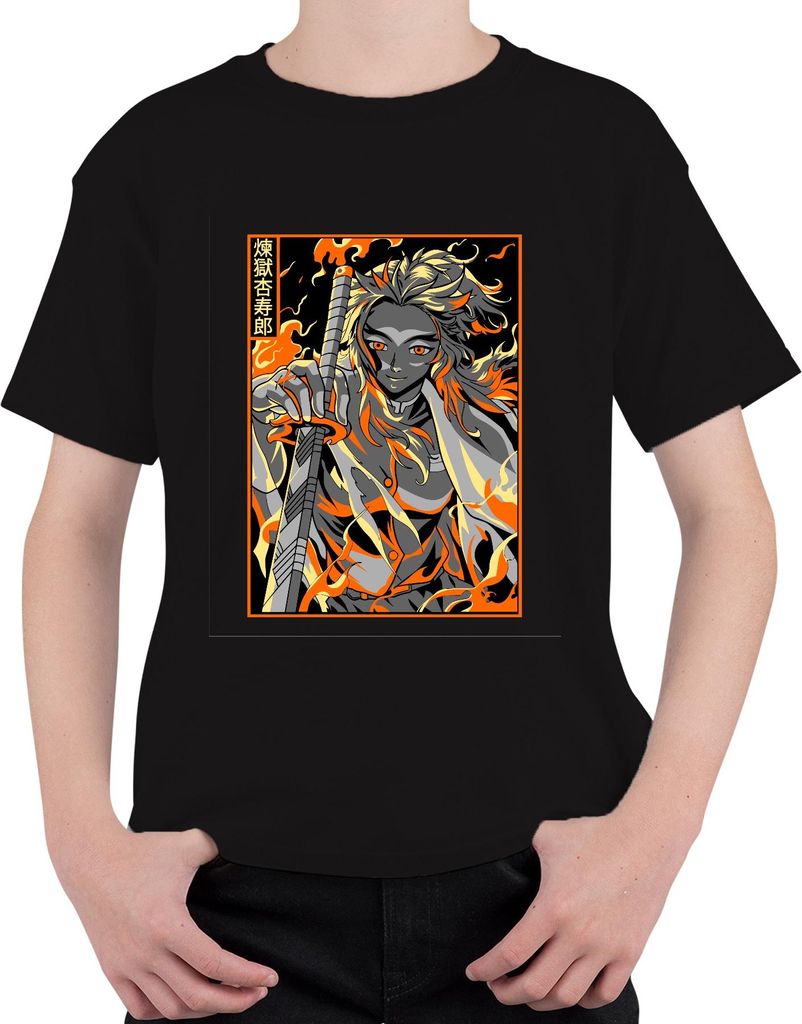 Demon Slayer Rengoku Flammen Schwert Anime Geschenk Vintage Uni Kinder T-Shirt, Schwarz, 116