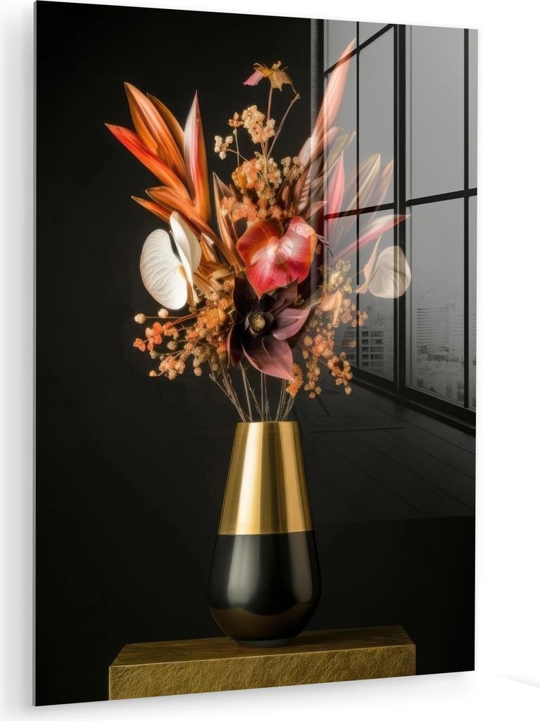 MuchoWow Glasbilder - Bilder auf Wandbild - Foto auf Glas Exotisch - Blumenstrauß - Vase - Gold 60x80 cm Wanddekoration aus Glas - Acrylglasbild -...