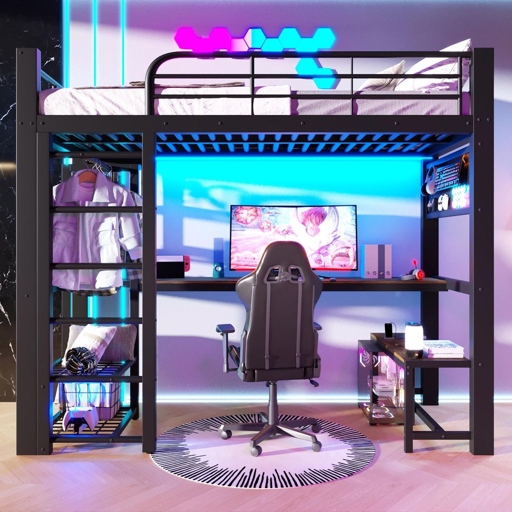 90x200 cm Hochbett mit LED, Schreibtisch, Ablagen, Produktbild 