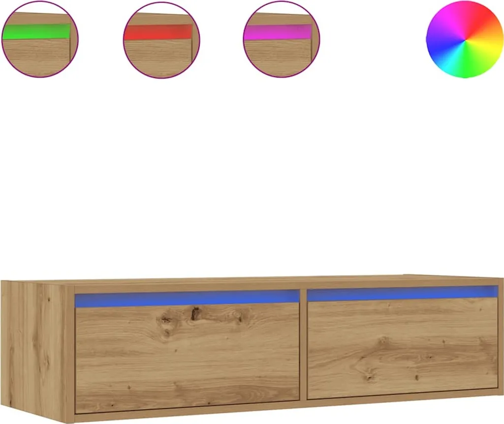 Meuble TV mural pour petit salon - Support LED Chêne Artisan 100x35cm