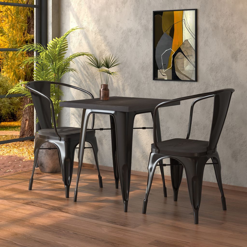 CALIFORNIA | Tolix Tisch- & Stuhl-Set | 2x Arm-Stuhl | 70x70cm | Wenge & Schwarz | Tolix Stuhl, Industrie Stuhl, Industrie Tisch