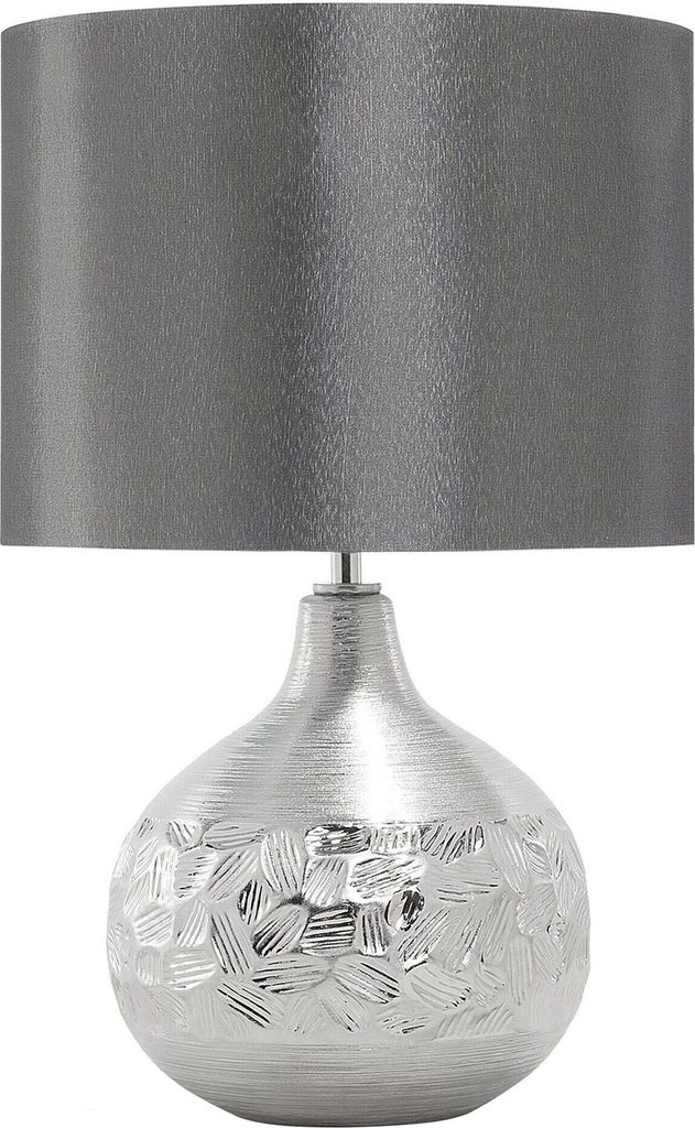BELIANI Tischlampe Silber geschwungener Porzellanfuß Stoffschirm Grau Kabel mit Schalter Moderner Glamouröser Stil