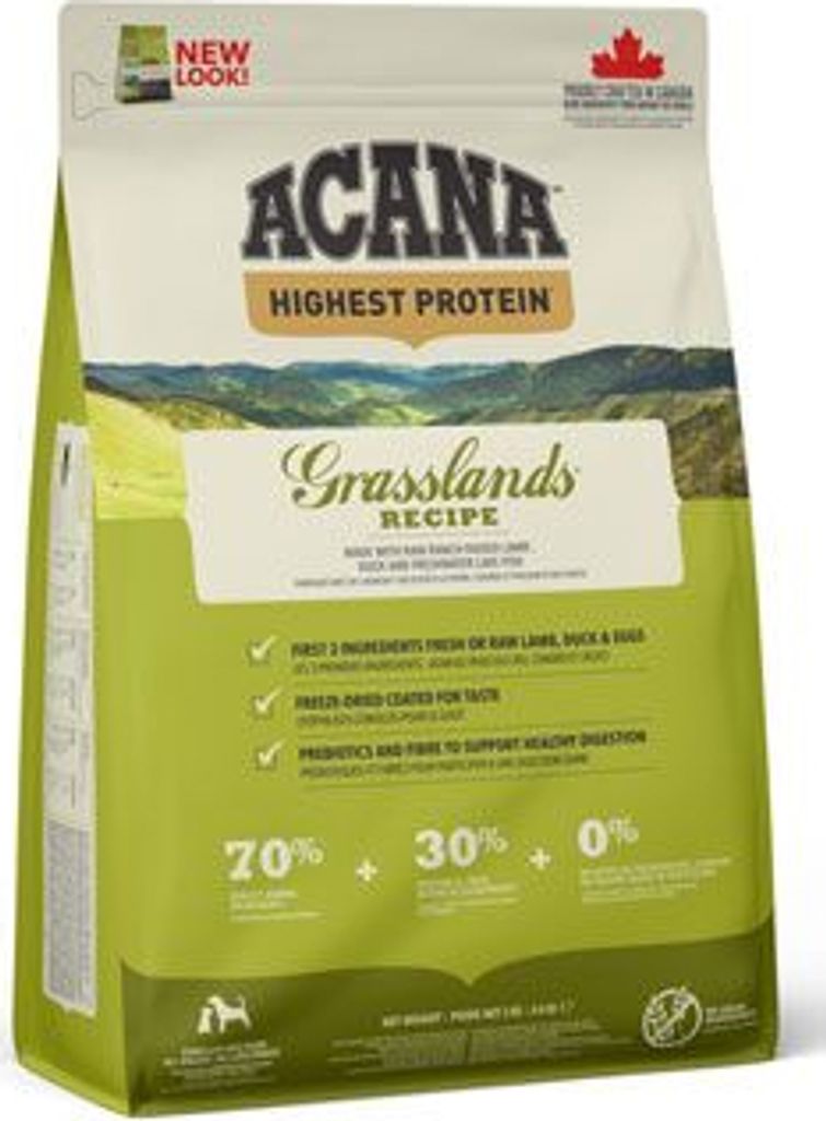 A bag of Acana Grasslands Recipe dog food.