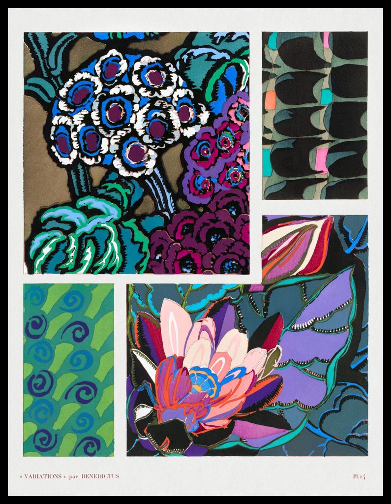 Plakat 50x65cm Blumen Art Deco v.14, Bénédictus Vintage für das Wohnzimmer