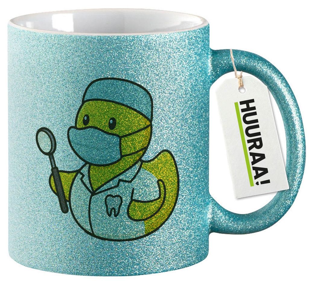 Huuraa Glitzertasse Quietscheente Zahnmedizin Comic Gummiente 330ml Blau Keramik Kaffeebecher Geschenkidee