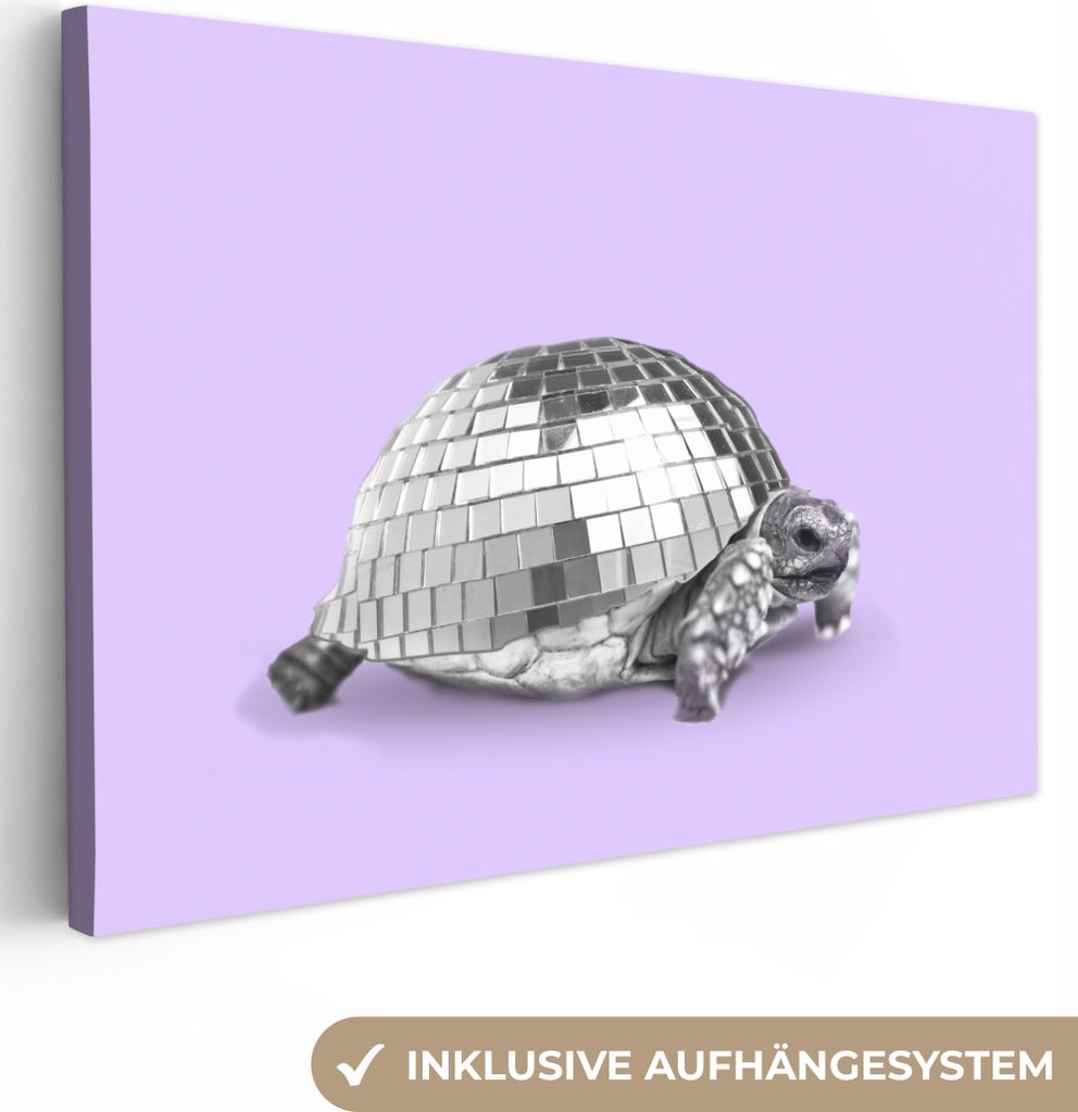 OneMillionCanvasses - Leinwandbilder - 140x90 cm, Schildkröte - Discokugel - Disco - Tier - Lila, Wandbilder Kunstdruck Wanddekoration - Foto au...