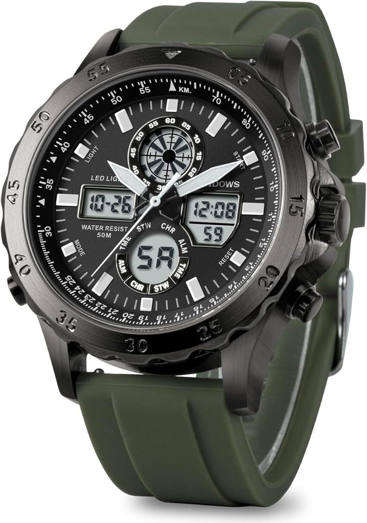 für Herren, wasserdicht, analog, digital, multifunktional, langlebig, Outdoor-Uhr mit LED-Hintergrundbeleuchtung, Alarm, Stoppuhr
