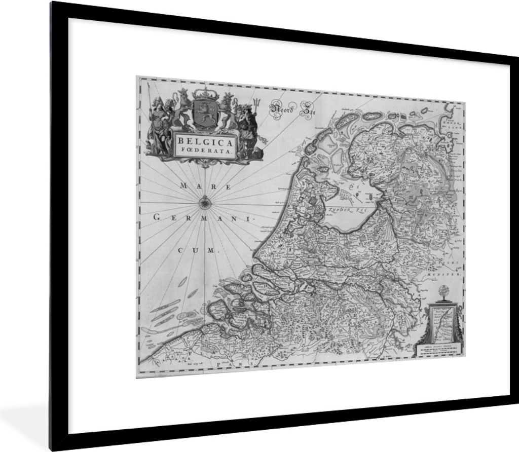 MuchoWow Gerahmtes Poster Schwarz-weiße Karte der Niederlande 80x60 cm - Poster mit Schwarzem Bilderrahmen Wandposter Rahmen Foto Bilder - Schla...
