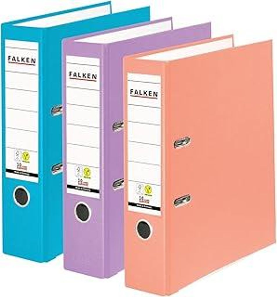 Falken 3er Pack PP-Color Ordner, Germany, 8 cm breit DIN A4 farbig sortiert Pastell Vegan Kunststoffbezug außen, Papierbezug innen, mit austausch...