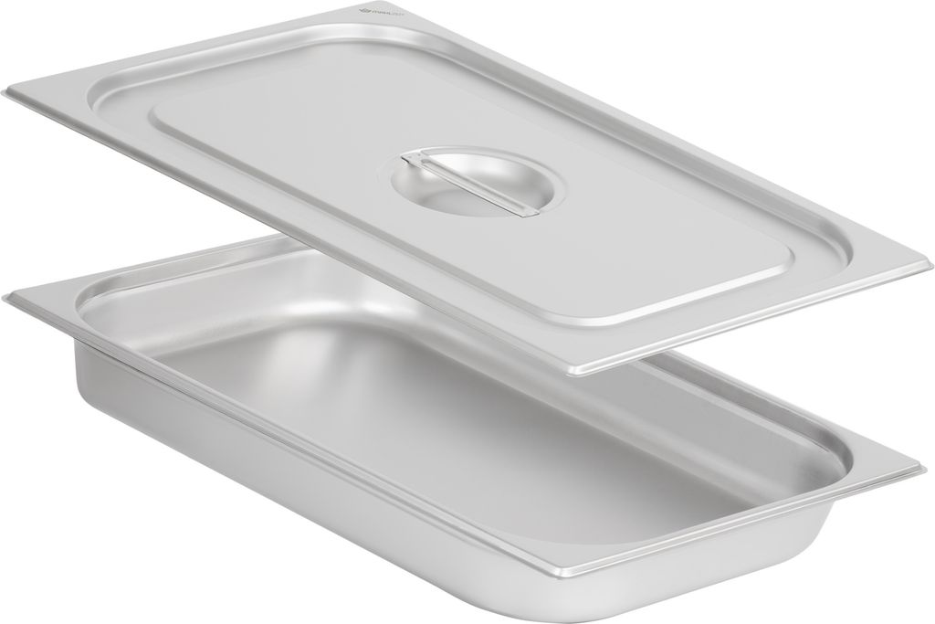 A stainless steel food pan with a lid, shown from a slight angle.
