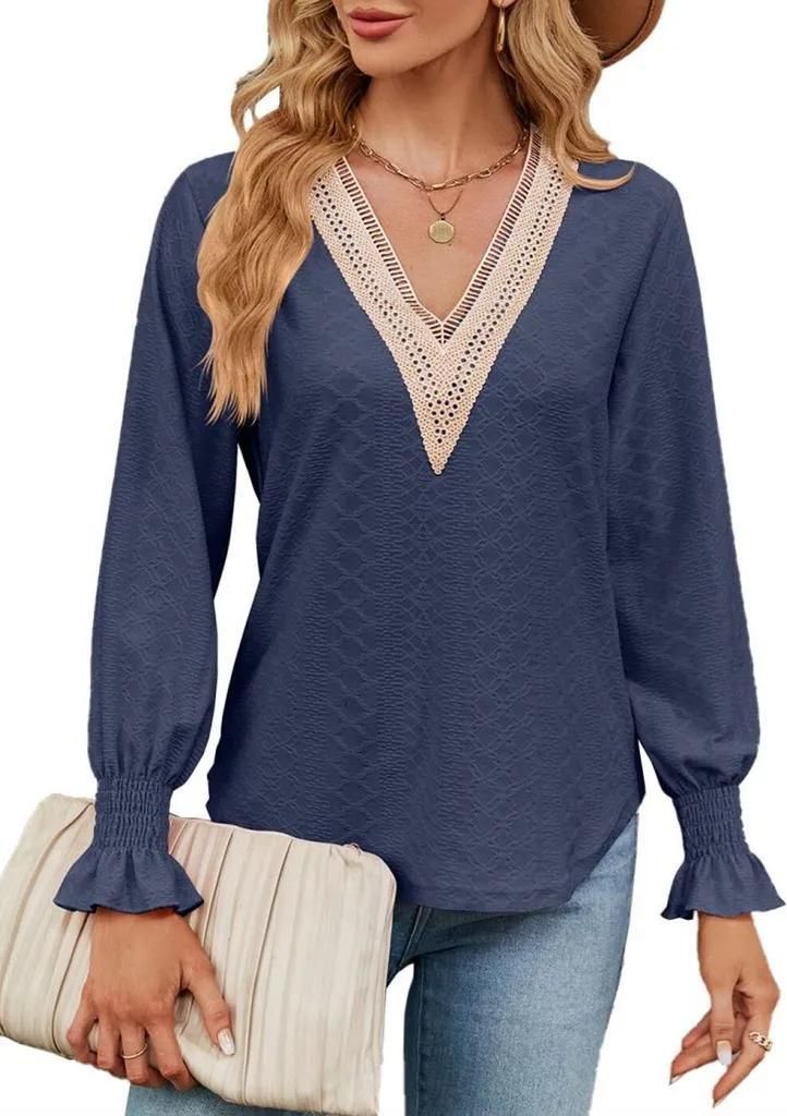 ASKSA Damen Spitzen V-Ausschnitt Bluse Casual T-Shirts Elegant Hemdbluse Langarmshirt Tunika Tops, Dunkeblau, XXL