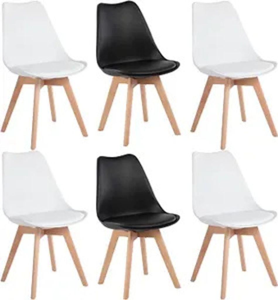 Six dining chairs arranged in two rows of three against a white background.