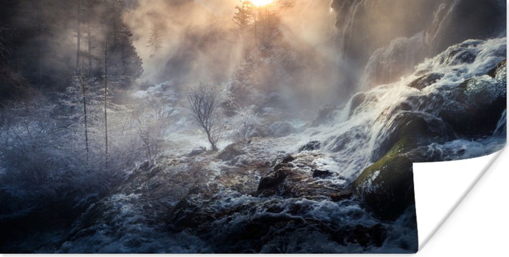 MuchoWow Poster Wasserfall - Eis - Nebel 160x80 cm - Foto Poster