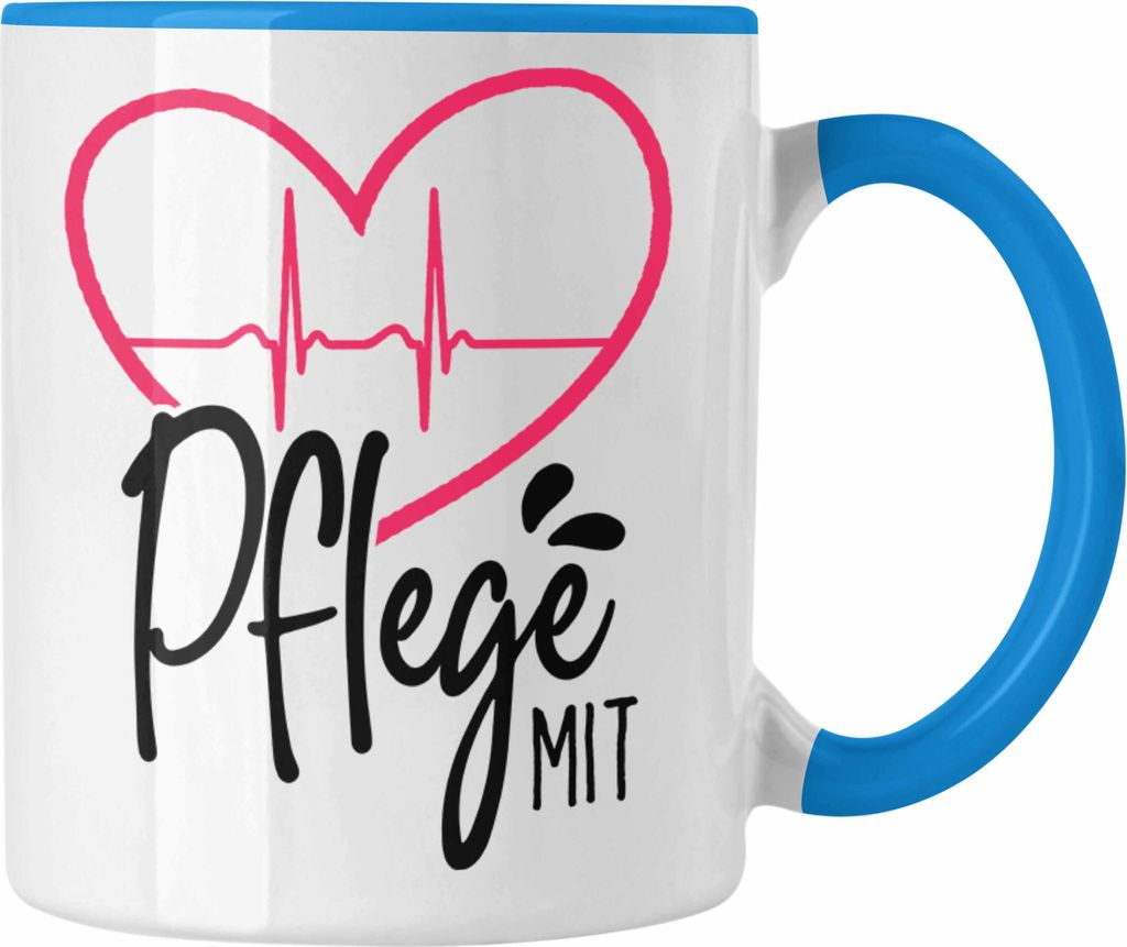 Trendation - Geschenkidee Pfleger Tasse "Pflege mit Herz" Grafik Pfleger Geschenk (Blau)