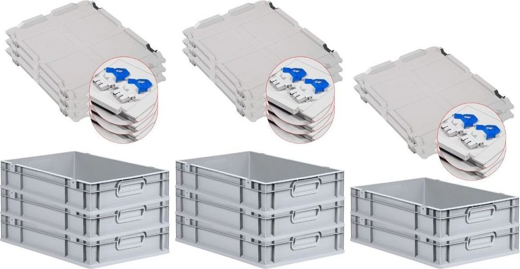 SuperSparSet 8x Eurobox NextGen Economy mit Scharnierdeckel und blauen Schiebeschnappverschlüssen | Griffe geschlossen | HxBxT 12x40x60cm | 23 Lit...