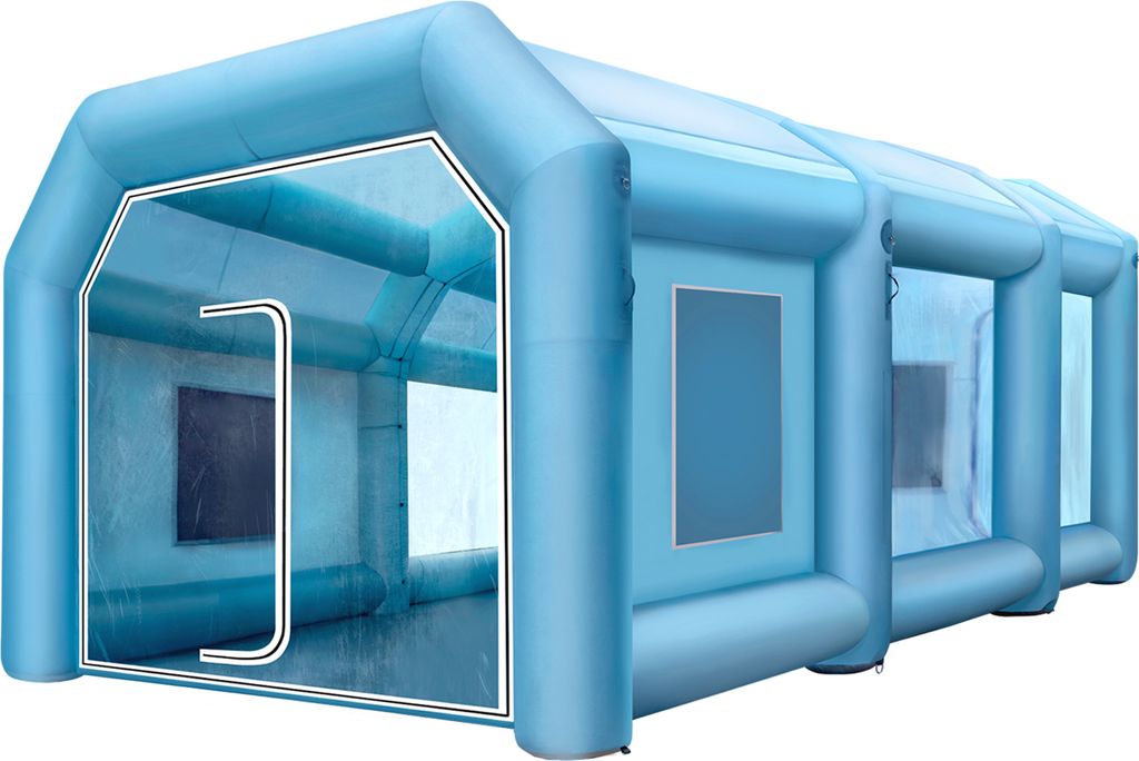 A light blue inflatable spray booth is shown from the side, with the entrance visible on the left.